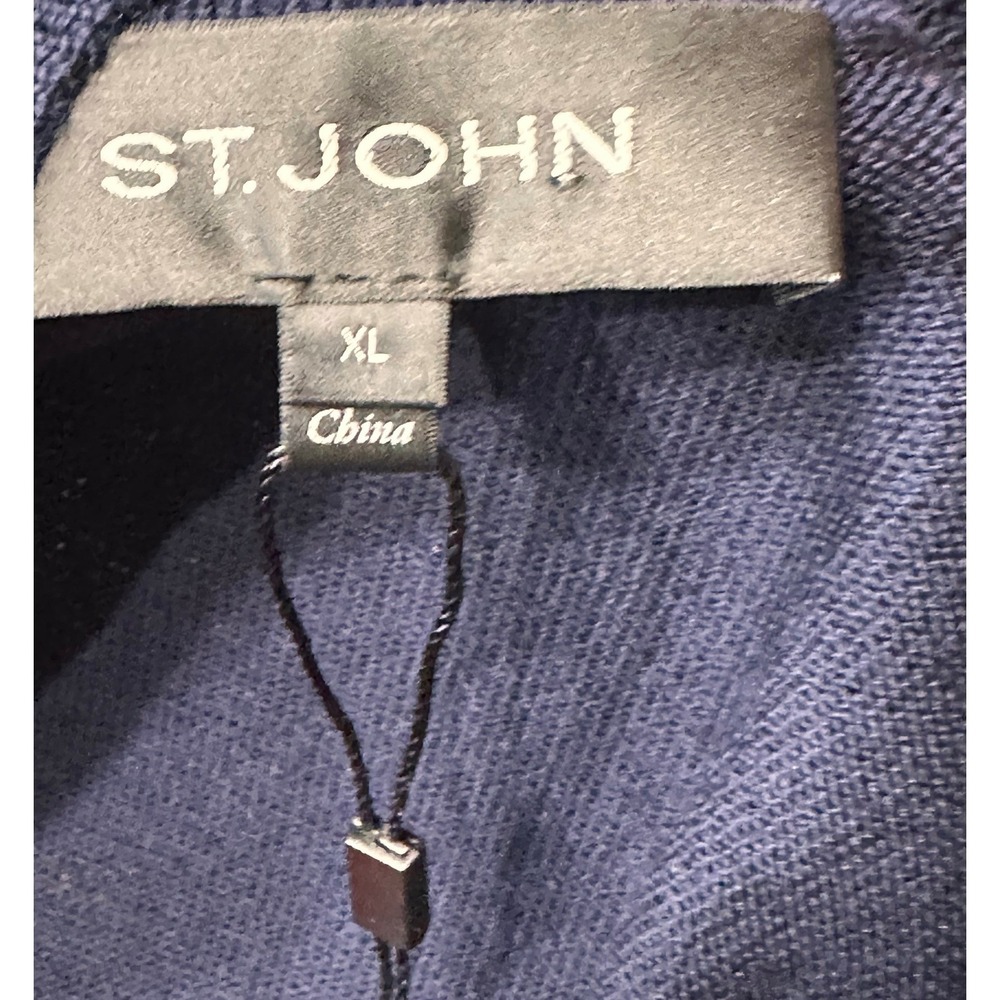 St. John NWT SZXL‎ Zip Front Cardigan Navy Blue Floral Intarsia Mock Neck Wool - Picture 9 of 15